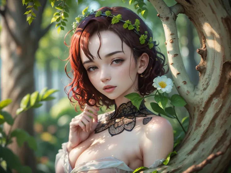 cute woman under drizzling rain, (elegant, beautiful face), transparent white dress, forest moss, (freckles:0.8), flowers feld, , curly red hair, magical atmosphere, (short hair), ((detailed skin, skin texture)), ultradetailed, (intricately detailed, fine ...