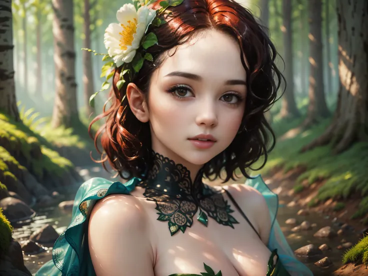 cute woman under drizzling rain, (elegant, beautiful face), transparent white dress, forest moss, (freckles:0.8), flowers feld, , curly red hair, magical atmosphere, (short hair), ((detailed skin, skin texture)), ultradetailed, (intricately detailed, fine ...