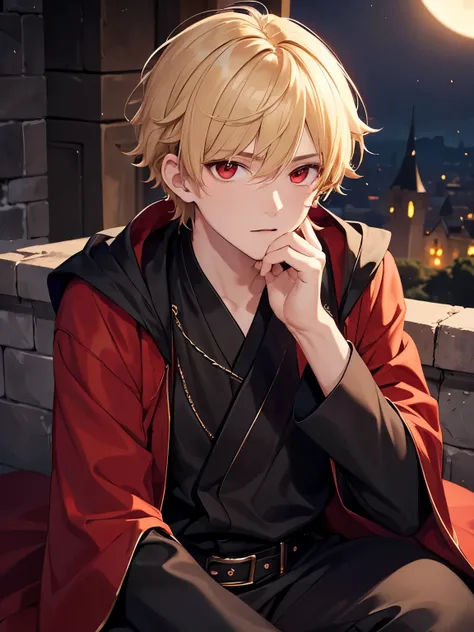 1boy,handsome,Sitting in the castle, at night,18 years old,close up photo,Looking away,half body photo,Perfect face, HD face, ultra detailed face, short hair, blonde hair, messy hair, bright red eyes,Vampire outfit,Black robe,ultra detailed, ultra HD