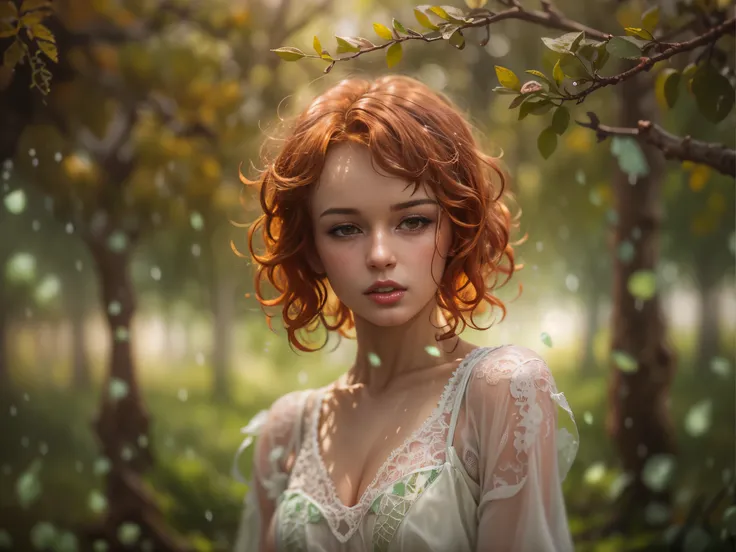 cute woman under drizzling rain, (elegant, beautiful face), transparent white dress, forest moss, (freckles:0.8), flowers feld, , curly red hair, magical atmosphere, (short hair), ((detailed skin, skin texture)), ultradetailed, (intricately detailed, fine ...