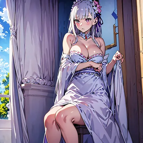 anime, masterpiece, high quality, highly detailed, elegant, sharp focus, beautiful background, cleavage, ((best quality)), ((masterpiece)), (detailed), perfect body, 1girl, EMT, (solo:1.4), 4k upscale, no extra legs, only 1 character
