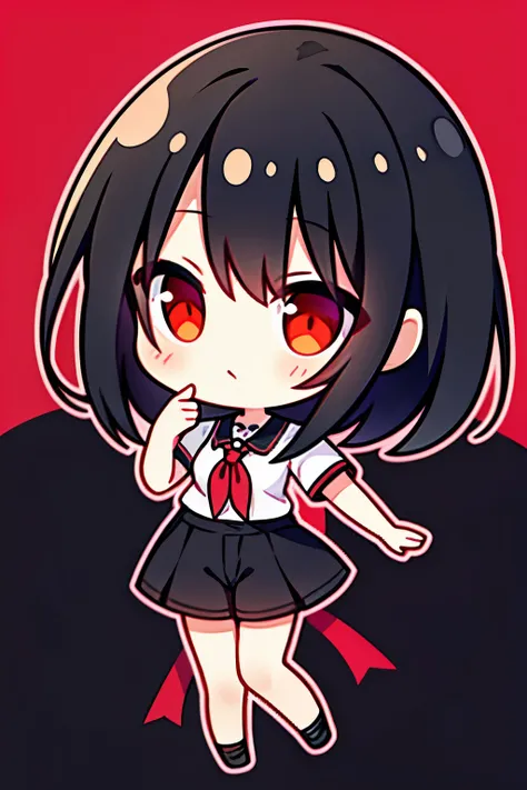 
Girl，Black Hair，Red Eye，Short sleeve，trousers，Sports flats，Full body portrait，Standing，Q version villain