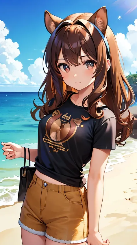 brown hair, curly hair, hairband, squirrel ears, small squirrel tail, Art Deco, sparkle, symmetry, pov, anatomically correct, textured skin, high details, best quality, super detail, ((printed t-shirt)), Hawaii, Waikiki Beach, blue sky, denim shorts