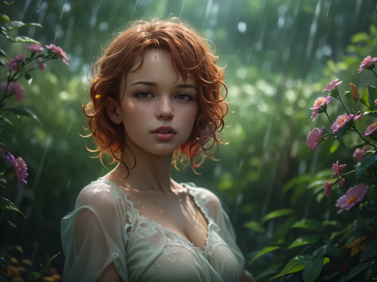 cute woman under drizzling rain, (elegant, beautiful face), transparent white dress, forest moss, (freckles:0.8), flowers feld, , curly red hair, magical atmosphere, (short hair), ((detailed skin, skin texture)), ultradetailed, (intricately detailed, fine ...