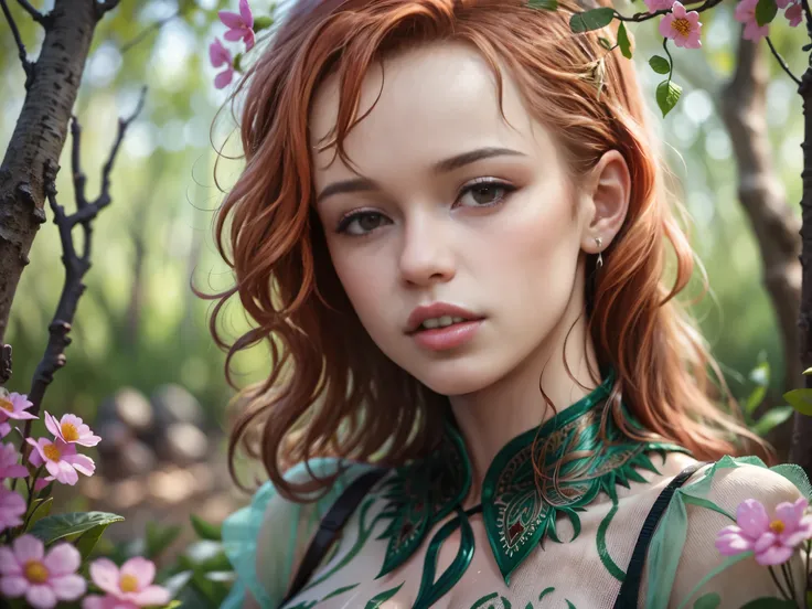 cute woman under drizzling rain, (elegant, beautiful face), transparent white dress, forest moss, (freckles:0.8), flowers feld, , curly red hair, magical atmosphere, (short hair), ((detailed skin, skin texture)), ultradetailed, (intricately detailed, fine ...