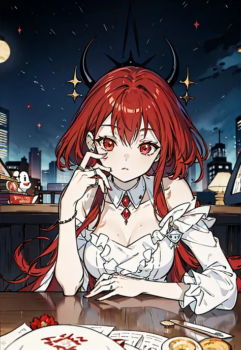 Red hair，Female ghost，Succubus，Play with a little temper，Proud，Agreement，Sit down to negotiate，Night，Charm，City，Diamond Ring，bar