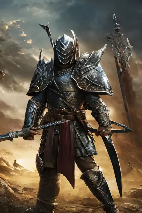 Warrior with draconian armor, medieval fantasy style combined with modern and sophisticated aspects, intricate details, ultra-realism, epic combat poses, with weapons such as swords, shields and spears wielded. Mountainous and isolated environments, closed...