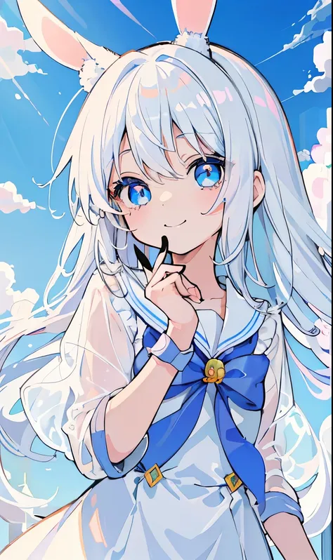 ((masterpiece)), ((best quality)), (ultra-detailed), ((kawaii)), cute, (lovely), beautiful sky, a cute girl, 1girl, solo, sailor suit, beautiful white hair, beautiful light blue eyes, ((beautiful eyes)), long hair, transparent hair, translucent hair, rabbi...