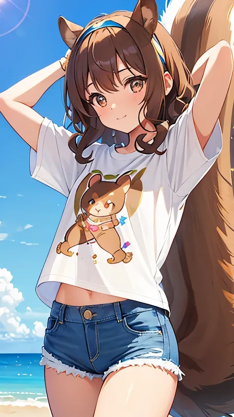 brown hair, curly hair, hairband, squirrel ears, small squirrel tail, Art Deco, sparkle, symmetry, pov, anatomically correct, textured skin, high details, best quality, super detail, ((printed t-shirt)), Hawaii, Waikiki Beach, blue sky, denim shorts