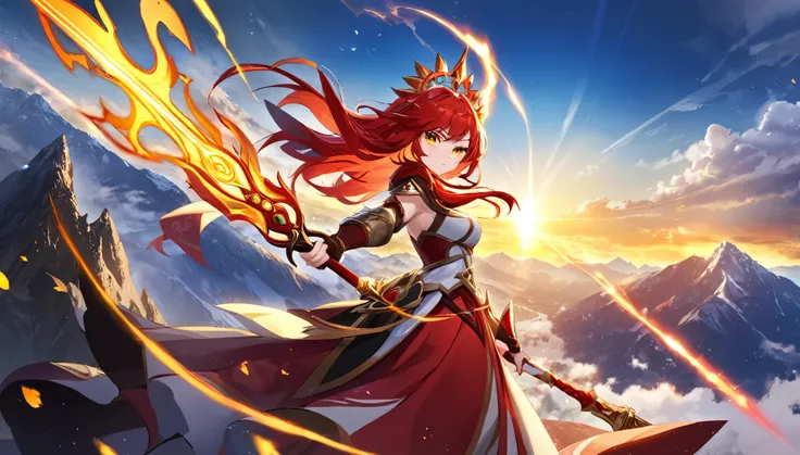 The personification of the fury of the mountain of light orb, like a beautiful woman with scarlet red hair and bright yellow eyes, (goddess-like)