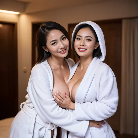 ((2woman)), ((36 years Old)), ((Sugar Mama)), ((Sensual Lips)), (White Skin), ((beautiful rich Indonesian woman)), (Beauty Big Breast), ((Captivating Smile)), ((Bathrobe)), ((No Wearing Bra)), curvy body, ((Breast burst out)), at doctor office, Dark light,...