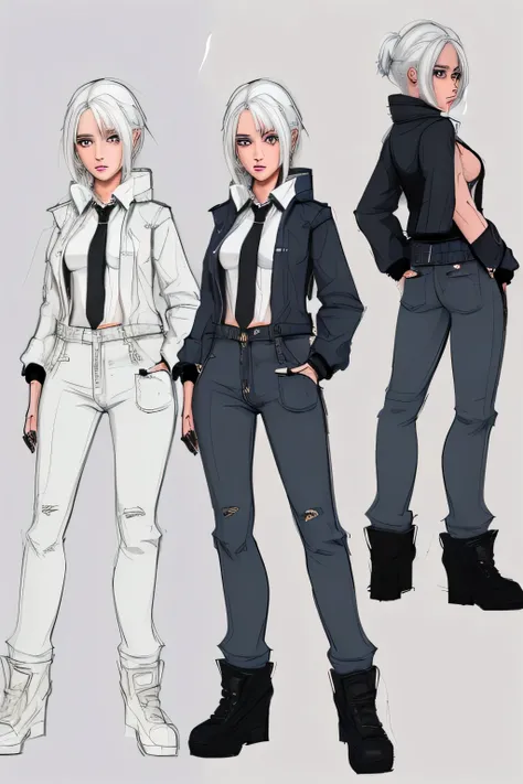 A character sheet of a girl with white hair. Shes wearing urban clothes with lots of layers, her hands are in her pockets and shes slouching. Shes also wearing an oversized tie. Cartoony, Character sheet, pose, coloured. (Colour Sketch:1.5) (Illustration:1...