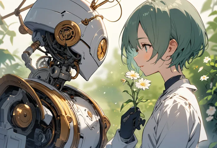 A clock work robot, humanoid, picks a flower and studies it