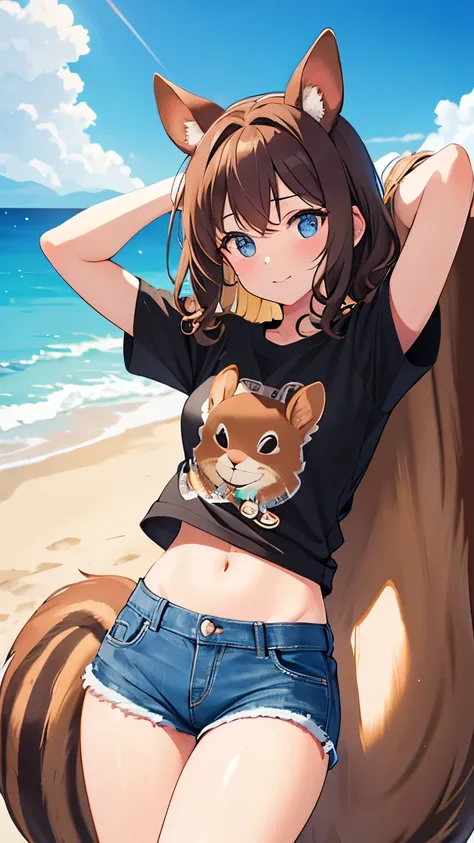 brown hair, curly hair, hairband, squirrel ears, small squirrel tail, Art Deco, sparkle, symmetry, pov, anatomically correct, textured skin, high details, best quality, super detail, ((printed t-shirt)), Hawaii, Waikiki Beach, blue sky, denim shorts