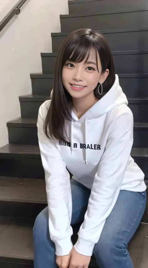 highest quality, Realistic, Very detailed, Finer details, High resolution, 8k wallpaper, One beautiful woman,Sit on the stairs、（Wear black socks）smile、（Beautiful teeth alignment、）（Gums are visible） Oversized hoodie, Skinny jeans,（ Black sneakers）、Black Hai...