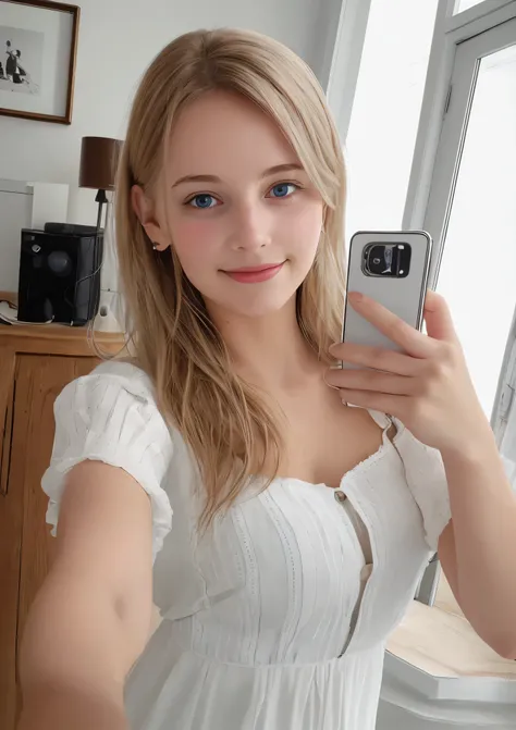 Beautiful young woman taking a selfie, Taken with iPhone camera、Swedish beauty