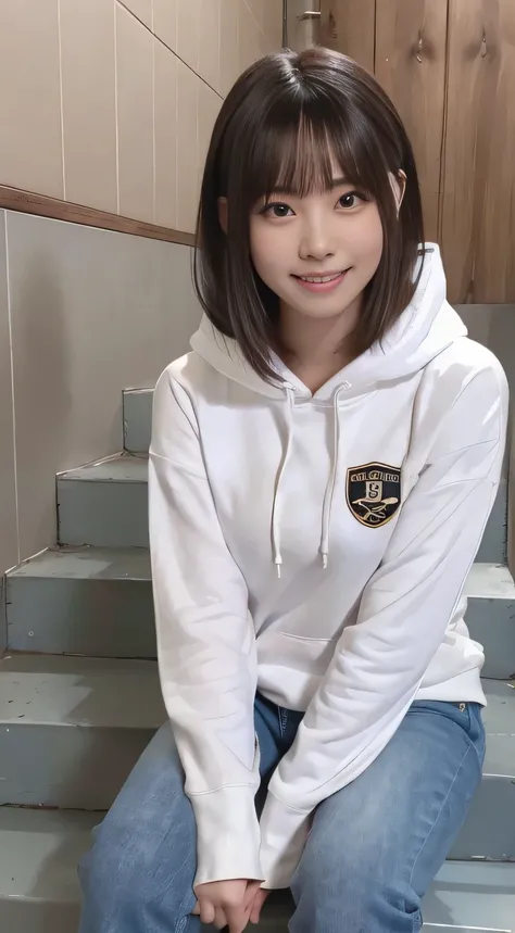 highest quality, Realistic, Very detailed, Finer details, High resolution, 8k wallpaper, One beautiful woman,Sit on the stairs、（Wear black socks）smile、（Beautiful teeth alignment、）（Gums are visible） Oversized hoodie, Skinny jeans,（ Black sneakers）、Black Hai...