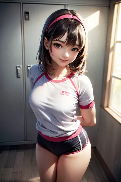 very cute and beautiful girl,(highly detailed beautiful face and eyes),(smile:1.2),happy,looking at viewer, (japanese ladies gym uniform),(bloomers),standing,arms behind back,detailed legs, locker room in training gym,black hair,hair band, (best quality,ma...