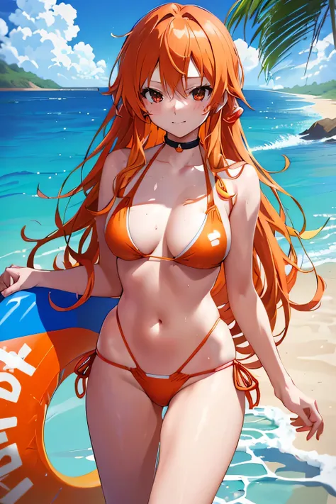 anime girl Bikini with orange hair and a life preserver, Swimwear, we one piece, beautiful portrait of we, is wearing a Swimwear, At the Beach, Asuka suit under clothes!, At the Beach, Asuka as a surfer model, we, marin kitagawa fanart, In bikini, Bikini, ...