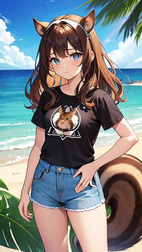 brown hair, curly hair, hairband, squirrel ears, small squirrel tail, Art Deco, sparkle, symmetry, pov, anatomically correct, textured skin, high details, best quality, super detail, ((printed t-shirt)), Hawaii, Waikiki Beach, blue sky, denim shorts