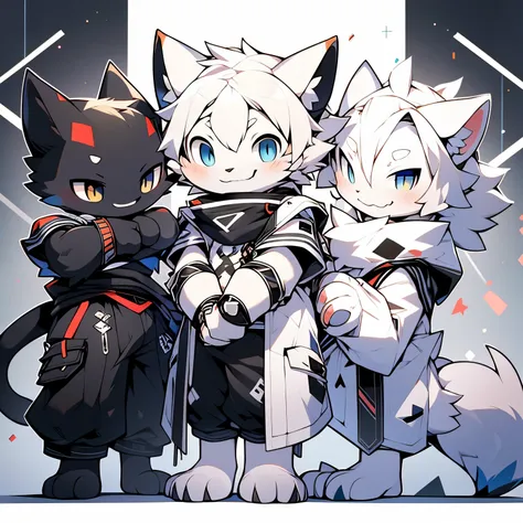 cat cat man，white hair，（above the eyes and ears and tail），smile，（（one person）），standing，four fingers，black arc stripes on wrists...