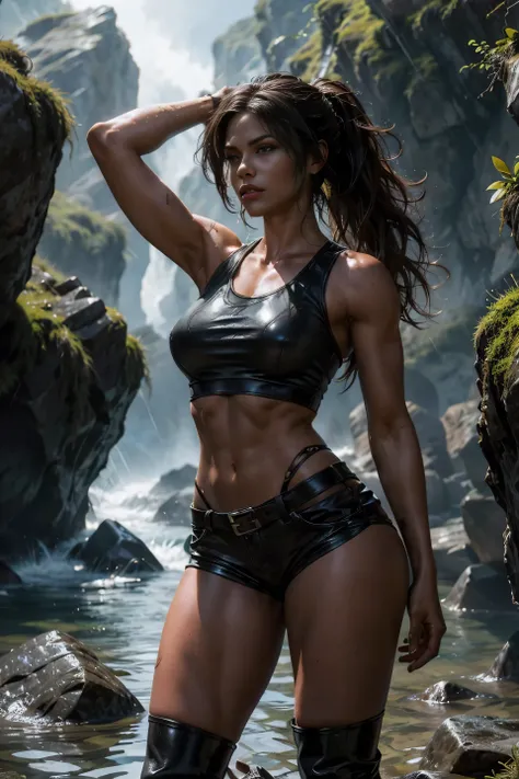 full body sexy lara croft, long brown ponytail, tight brown leather shorts that highlight her muscular boyish bottom, tight sleeveless ripped t-shirt that highlights her thin waist and broad shoulders, leather boots that highlight her long muscular legs, s...