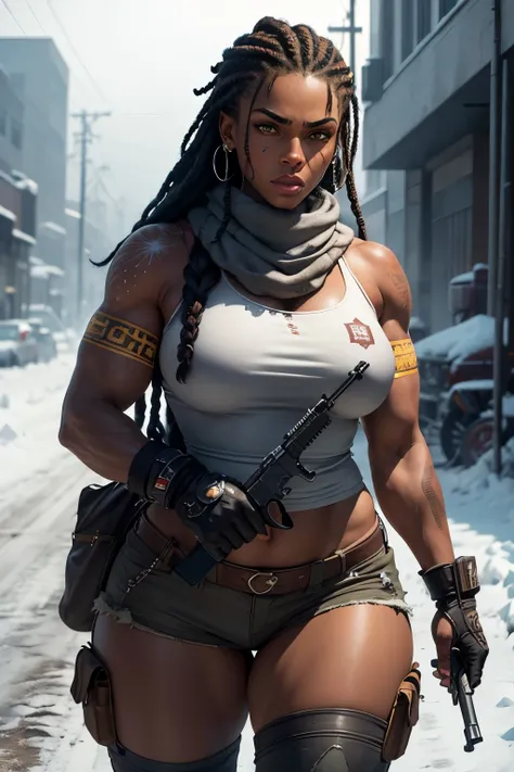 best quality,ultra-detailed,portrait, muscular, Aissa Maiga mixed with Tika Sumpter holding rifle, big woman, 3501bs, dirty, muscular thighs, woolly braided hair, very dark skin, face tattoos, beautiful detailed yellow eyes, beautiful dry lips, tribal tatt...