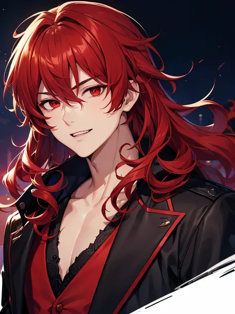 1boy,cool style,handsome,visible teeth,Curly hair, at night,red hair, red eyes, shoulder length hair, vampire, handsome, vampire clothes, black robe,close up photo