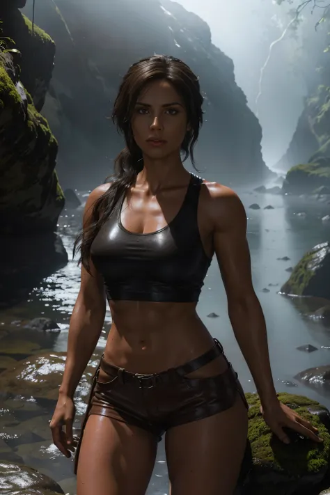 full body sexy lara croft, long brown ponytail, tight brown leather shorts that highlight her muscular boyish bottom, tight sleeveless ripped t-shirt that highlights her thin waist and broad shoulders, leather boots that highlight her long muscular legs, s...