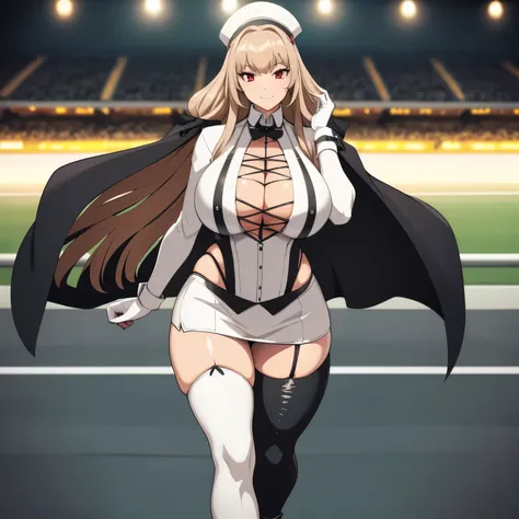 a woman wearing a black and white checkered race queen outfit, white skirt, long black socks, wearing a white leather cape, blac...