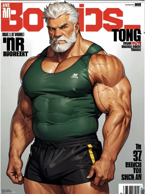 (magazine cover), with text, solo, 1boy, (Huge Muscular Old man as a boxer , wearing tight shorts, and tank top) (short hair), pectoral, abnormal muscle size, very big muscle, absurdly muscle size, huge pectoral, wide pectoral, (bara pecs: 1.3), short whit...