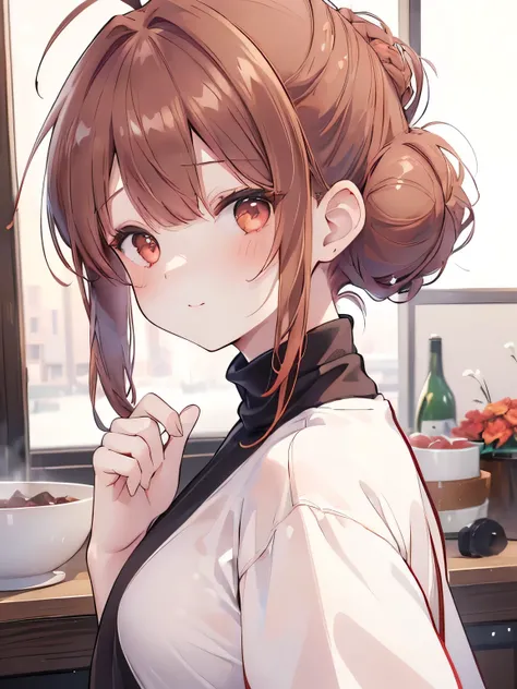 best quality , detailed , ((( 1 girl )))  , ( ash brown hair with red dip-dye hair ) ,((( Single chignon hairstyle:1.3 ))) , ahoge , ((( The bangs are even))) , beautiful small breasts, oversized white sweatshirts on tight black turtleneck , (facing the fr...