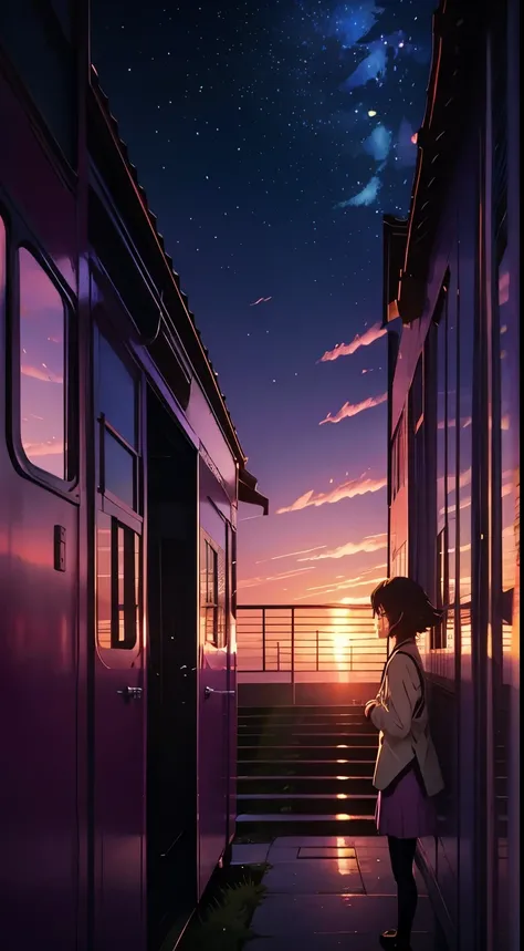 The picture is bright、The lighting is also good. No humans. (((Makoto Shinkai style)),Pixiv,Anime Drawings,high quality,pink purple sky,Beautiful views),(universe,Trains pass,magical realism,((Makoto Shinkai style)) ::0.8), [Artistic atmosphere, atmosphere...