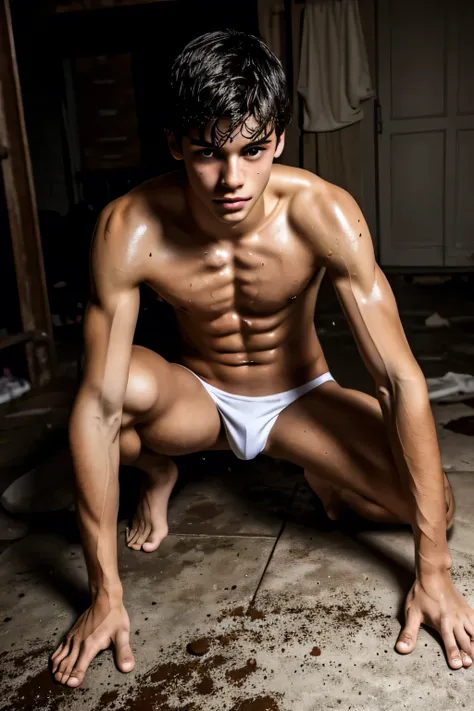 a lean skinny shirtless 18-year old caucasian boy wearing white briefs, barefoot, messy black hair, cute face, brown eyes, tanned skin, dirty, drenched with sweat, sweating profusely, hands above head, lying on the floor, panting, exhausted in the dark bas...