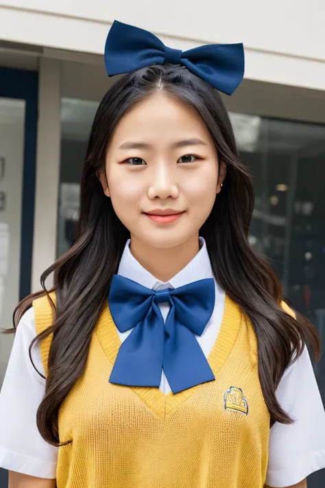 the picture shows a girl wearing a school uniform, consisting of a white shirt and a sweater vest with a diamond pattern in yell...