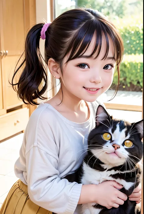 (((Smiling girl playing with a cat)))、A free-spirited laughing cat and an elegant girl、pretty girl、Twin tails、、Black Hair、Hair Scrunchie、、、Small Nose、Fuller lips、carefully drawn hair、Fine grain、Playing with cats at home:1.2、Sorry Cat:1.5、A girl who wants t...