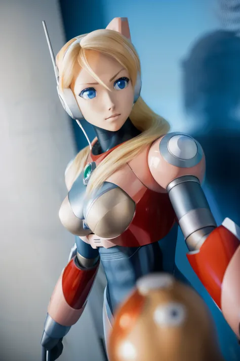 ultra detailed of a woman cyborg, 1girl, (natural skin texture, realistic eye details:1.2) alias_mega manx, alone, breasts, blue eyes, blonde hair, Android, long hair, robot ears, stand at attention, neutral stance, artwork, high quality, hypnotized, blank...