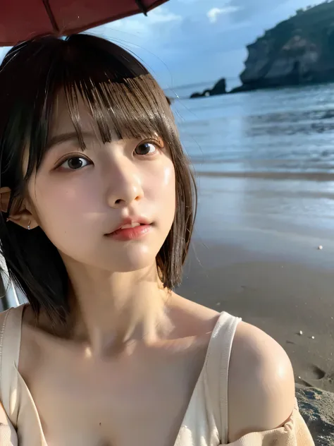 highest quality,RAW Photos  , 19 year old Japanese female idol, From above , Face Focus , Face close-up ,
Selfie,Lying on the ground, ((Off-the-shoulder tops , Cold shoulder top , clavicle , Exposing shoulders ,Cleavage ,))short hair, Bowl Cut ,Cute Face  ...