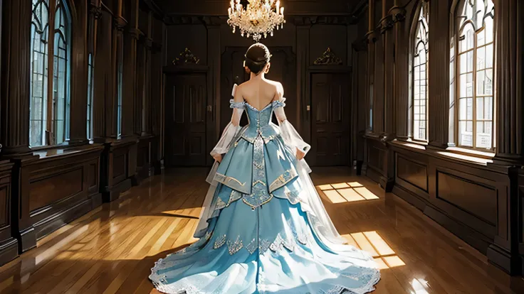 Classic princesses like Cinderella.In a fancy castle.Back view.