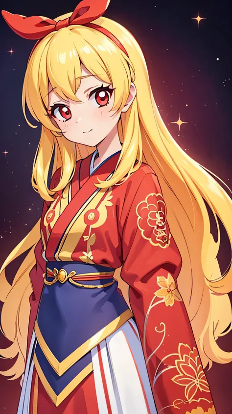 highest quality, Ultra-detailed 8k CG rendering, masterpiece, High resolution, Very detailed,
Samurai girl with voluptuous beauty,upper_body,
Small breasts,
, Blonde Hair, Red eyes,
Gold White Mix Color Samurai Armor,Kimono jacket Red hair bundle,
universe...