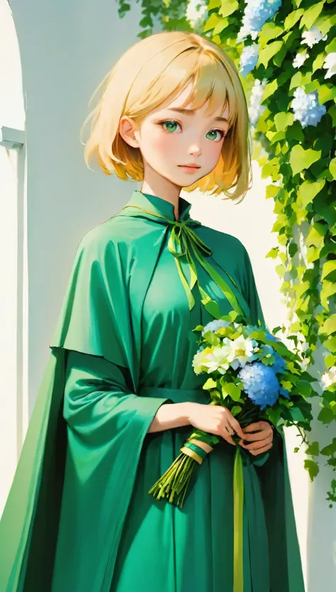 a woman standing in front of a white wall with a bouquet of flowers, short hair, pretty girl, ivy, wearing blue-green clothes, w...