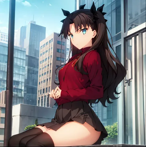1girl, alone, Rin tohsaka,(masterpiece), best quality, expressive eyes, perfect face, aqua eyes, black hair, hair ribbon, long hair, ribbon, sidelocks, two side up, black skirt, black thighhighs, long sleeves, miniskirt, pleated skirt, ((red sweater)), ski...