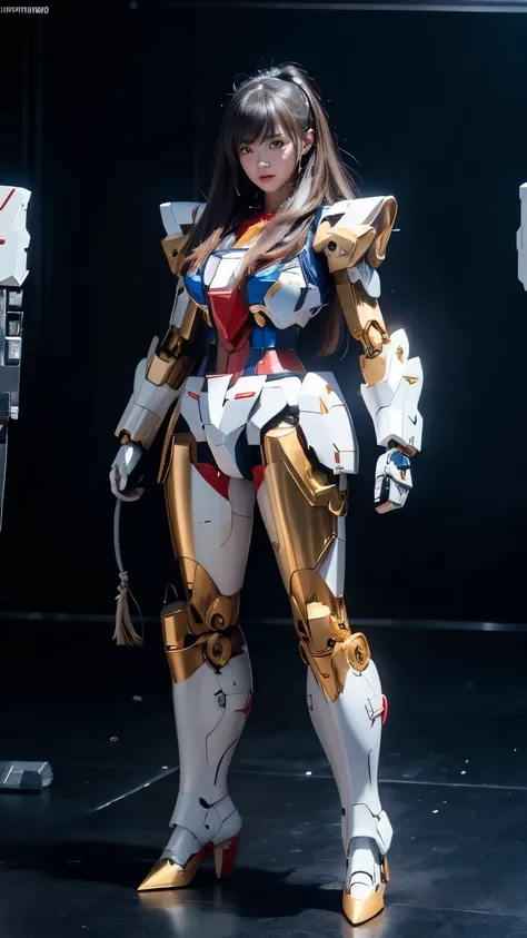 Textured skin, Super Detail, Attention to detail, high quality, high quality, High resolution, 1080p, hard disk, beautiful,(Gundam Girl),beautiful,Mecha Cyborg Girl,Battle Mode,Girl with a mechanical body,She wears a futuristic Gundam mecha,Full Body Shot