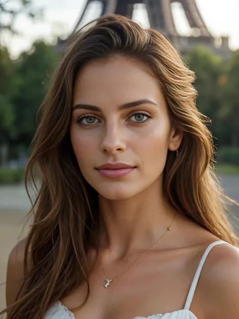 Photo of one beautiful 23 year old girl , Porter is an evening dress with a neckline , Brown Hair ,In France with the Eiffel Tower , Portrait Photography, smile, Looking into the camera , Great lighting, growing up, (Deep Valley), photo shoot, West, (maste...