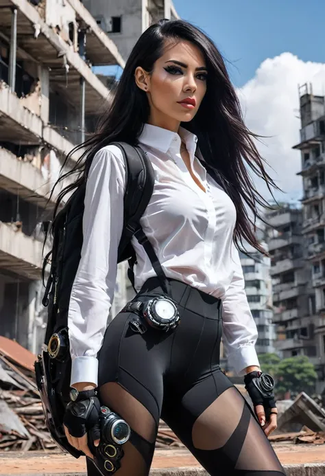 1 garota, tiro de perto, (cabelo branco, cabelo medio, olhos vermelhos), anatomia perfeita, cidade, estilo cyberpunk, ((camisa b...