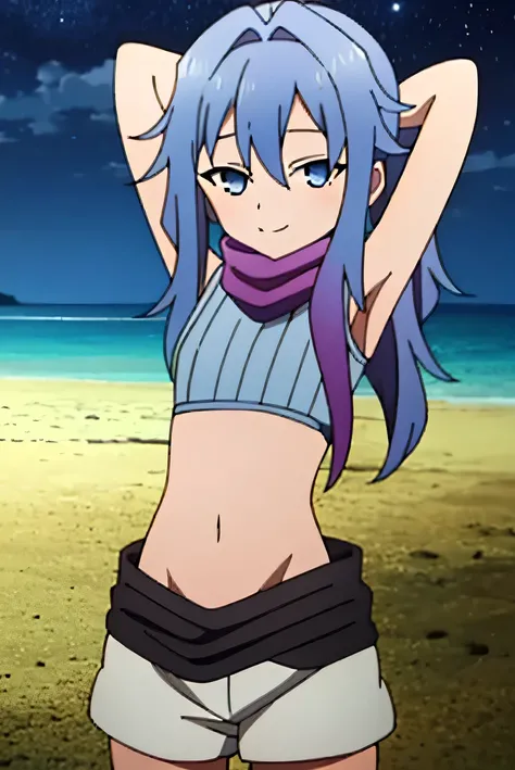 kunoichi_hagi, blue eyes, blue hair, long hair, crop top, sleeveless, purple scarf, shorts, closed mouth, solo, (cowboy shot:1.5), night sky, beach, arms behind head, contrapposto, spread armpits, looking at viewer, best quality, smile