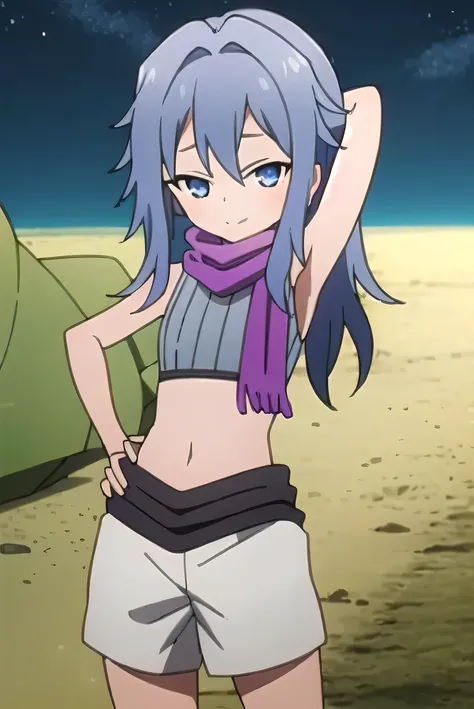 kunoichi_hagi, blue eyes, blue hair, long hair, crop top, sleeveless, purple scarf, shorts, closed mouth, solo, (cowboy shot:1.5), night sky, beach, arm behind head, hand on hip, contrapposto, spread armpits, looking at viewer, best quality, smile