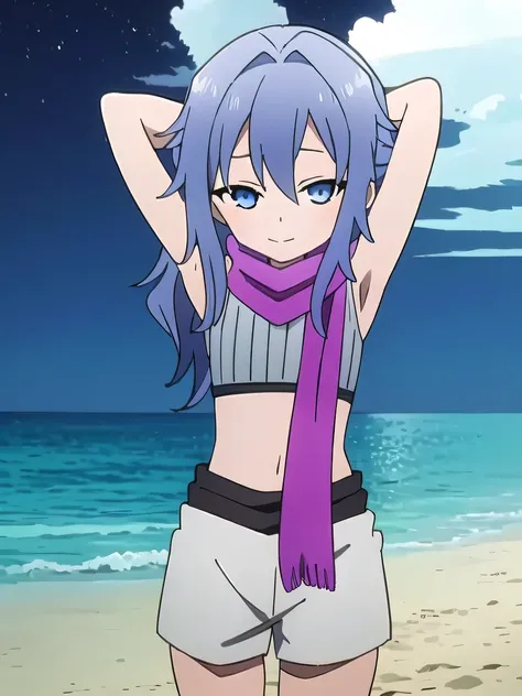 kunoichi_hagi, blue eyes, blue hair, long hair, crop top, sleeveless, purple scarf, shorts, closed mouth, solo, (cowboy shot:1.5), night sky, beach, arms behind head, contrapposto, spread armpits, looking at viewer, best quality, smile