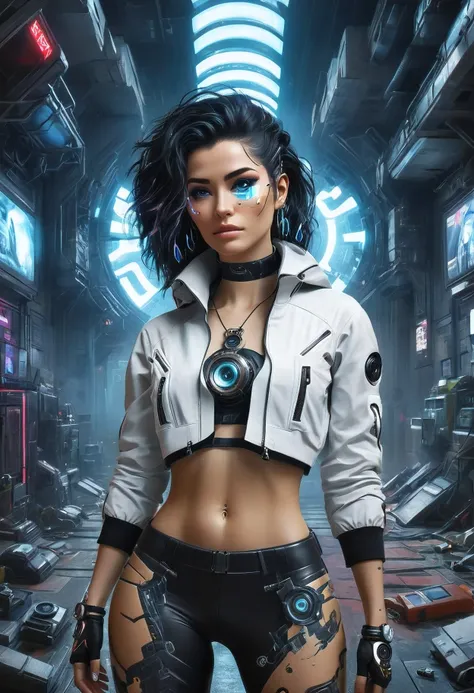 1 garota, tiro de perto, (cabelo branco, medium hair, olhos vermelhos), anatomia perfeita, cidade, estilo cyberpunk, ((camisa br...