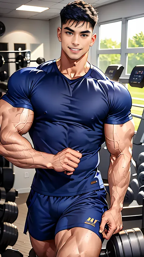 (create a masterpiece: 1.2),(cgi art:1.3),(realistic:1.5),(after processing:1.3), (sharp focus:1.3), male play dumbbell, smile, ...